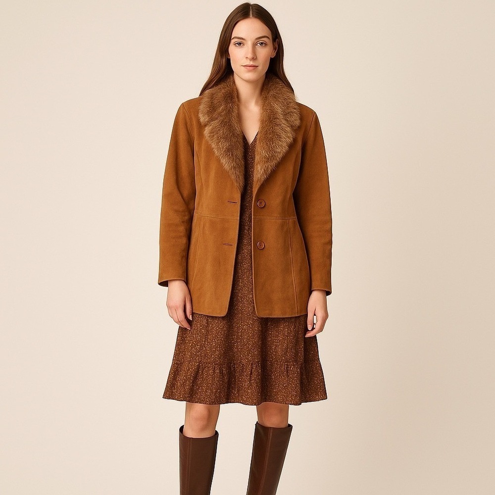 Vintage Dino Gallucci Suede Leather Coat Women's 42 Fur Collar Lined Jacket Brow - Picture 2 of 9